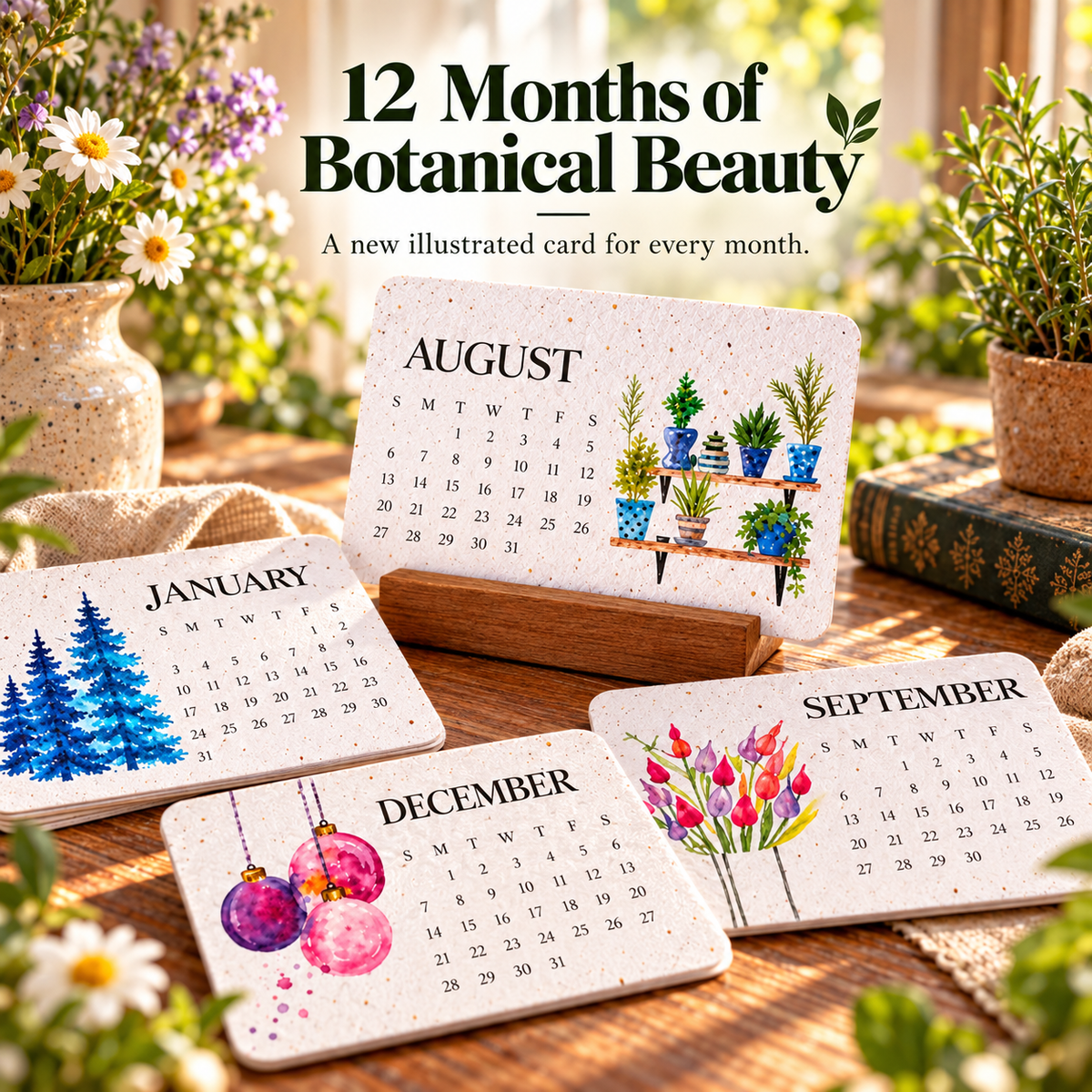 12 illustrated monthly plantable calendar cards
