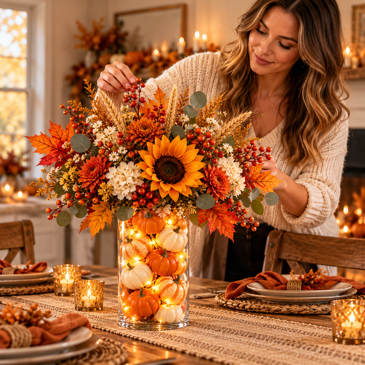 Harvest Glow Tower™ – Lighted Pumpkin & Sunflower Fall Centerpiece