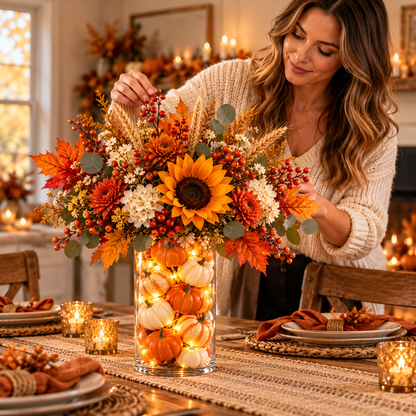 Harvest Glow Tower™ – Lighted Pumpkin & Sunflower Fall Centerpiece