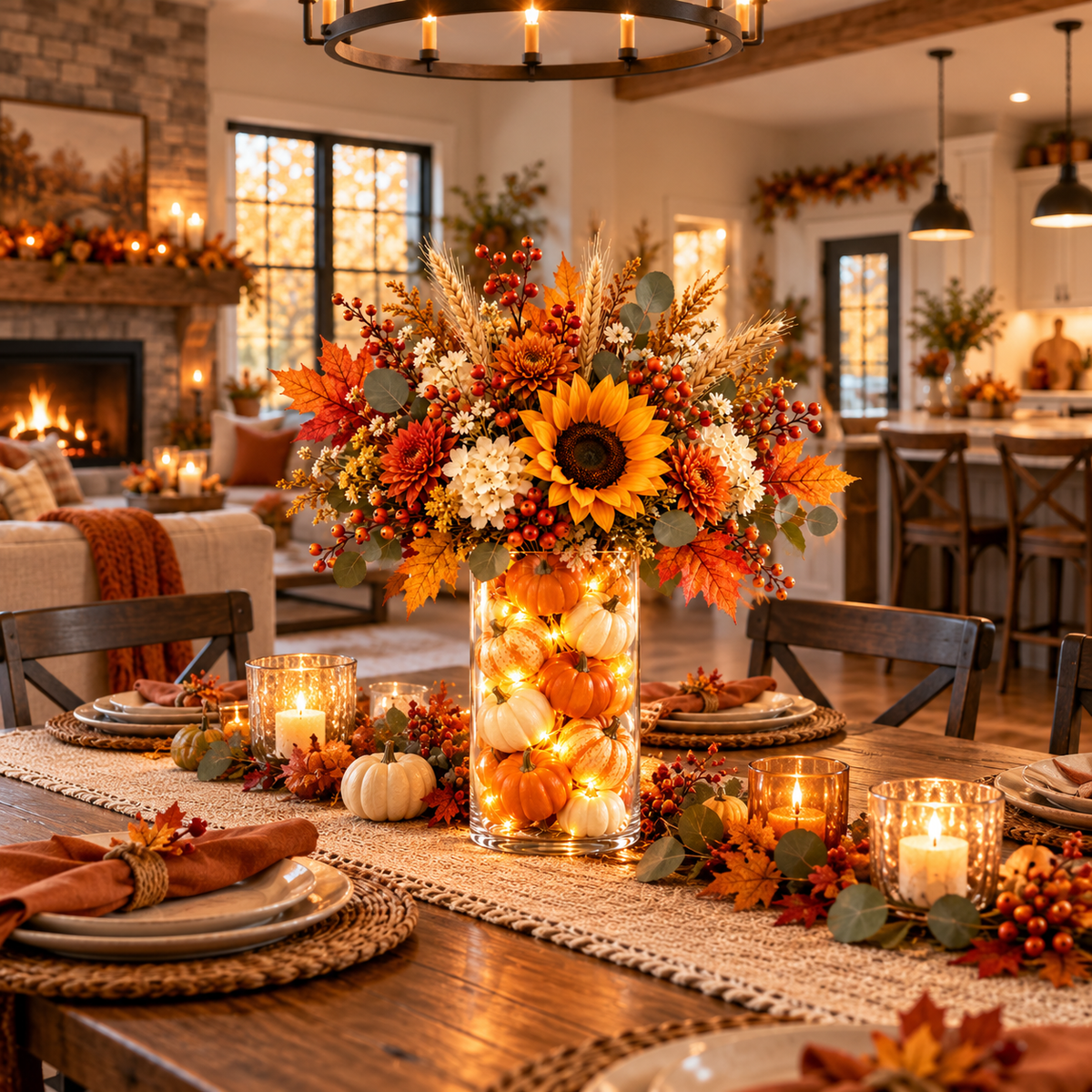 Harvest Glow Tower in a cozy autumn farmhouse dining room