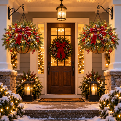 🎄 Classic Christmas Glow Hanging Basket – Pre-Lit Porch & Entryway Holiday Decor