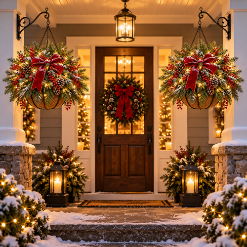 🎄 Classic Christmas Glow Hanging Basket – Pre-Lit Porch & Entryway Holiday Decor