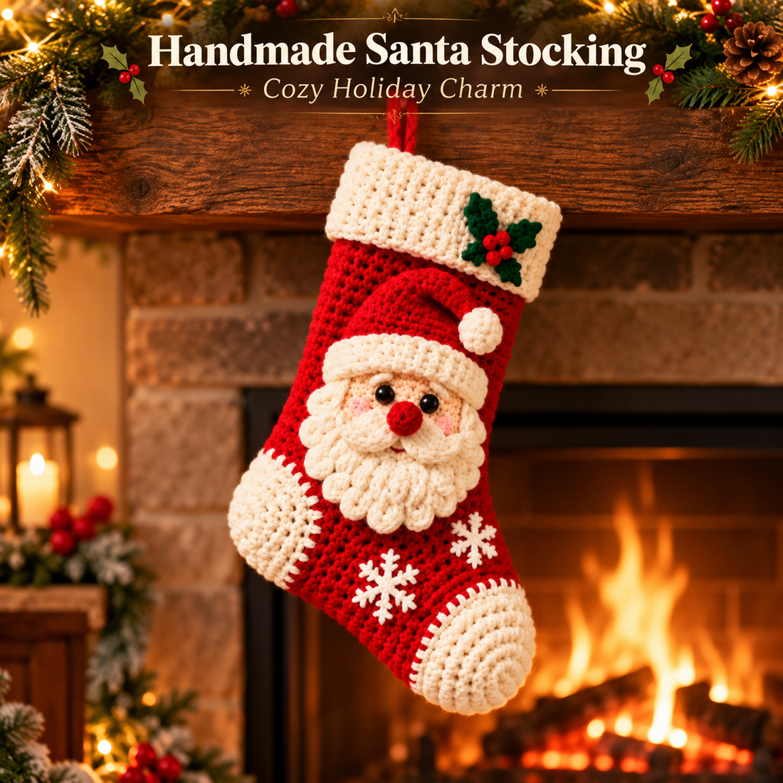 Cozy Santa crochet Christmas stocking displayed by a warm fireplace