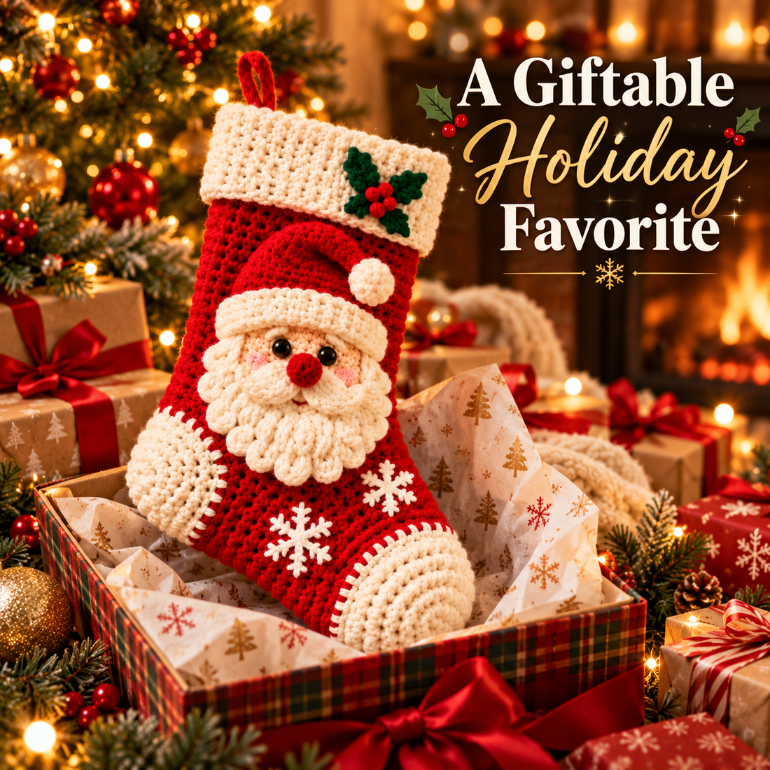 Santa crochet Christmas stocking presented as a cozy Christmas gift in festive gift box