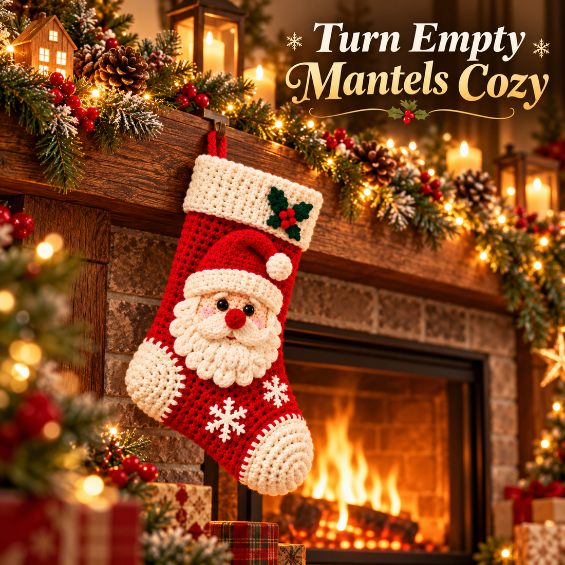 Santa crochet Christmas stocking creating a cozy decorated fireplace mantel