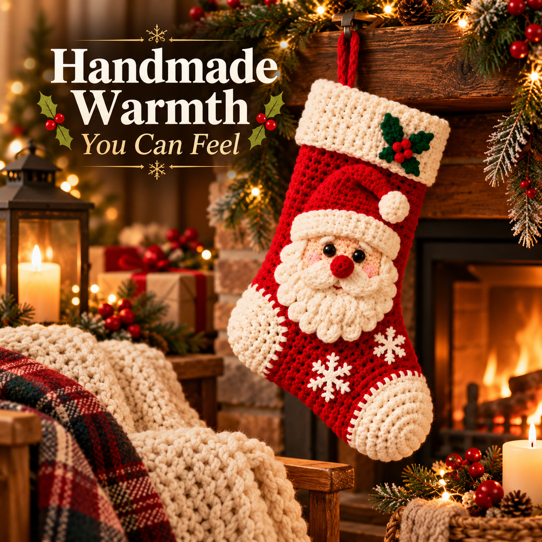 Crochet Santa Christmas stocking hanging beside warm fireplace with cozy knitted throw