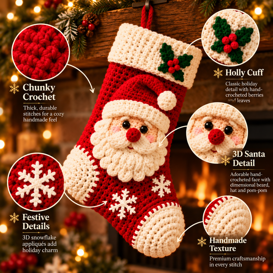 Close-up showing thick crochet stitches, Santa face, holly cuff and snowflake appliques on stocking