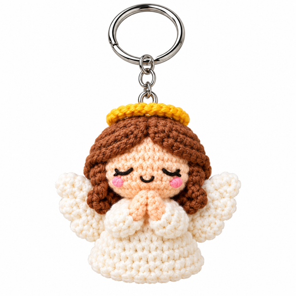 Praying angel crochet keychain with white wings and yellow halo