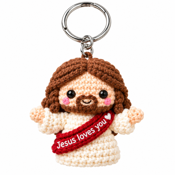 Jesus Loves You crochet keychain with red sash