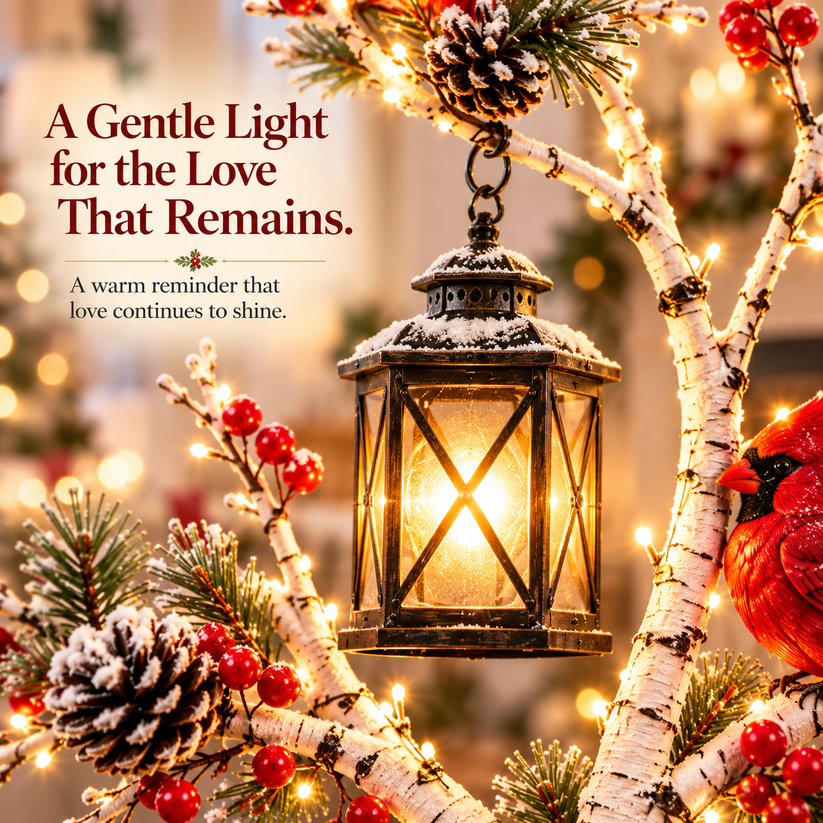 Cardinal winter lantern tree displayed in a cozy home
