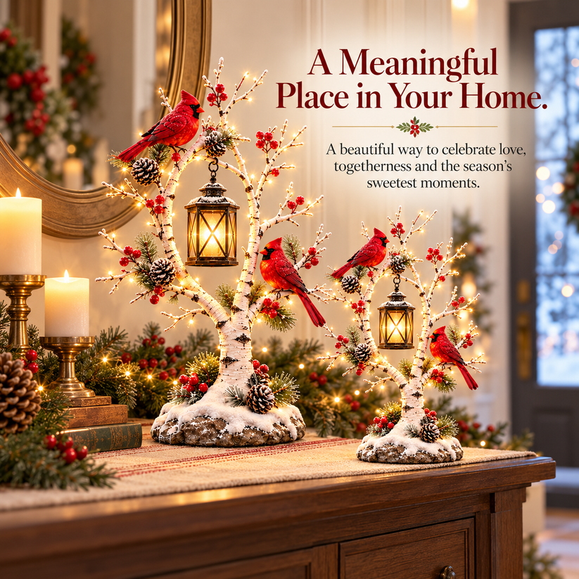 Cardinal winter lantern tree beside wrapped gifts