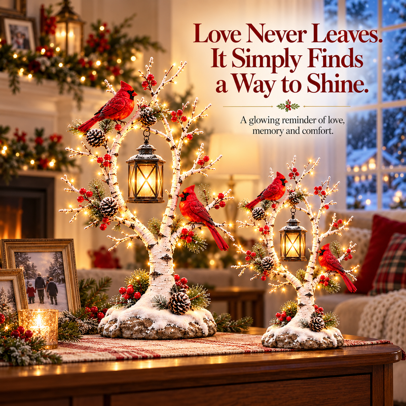 Cardinal lantern tree glowing in a winter evening room