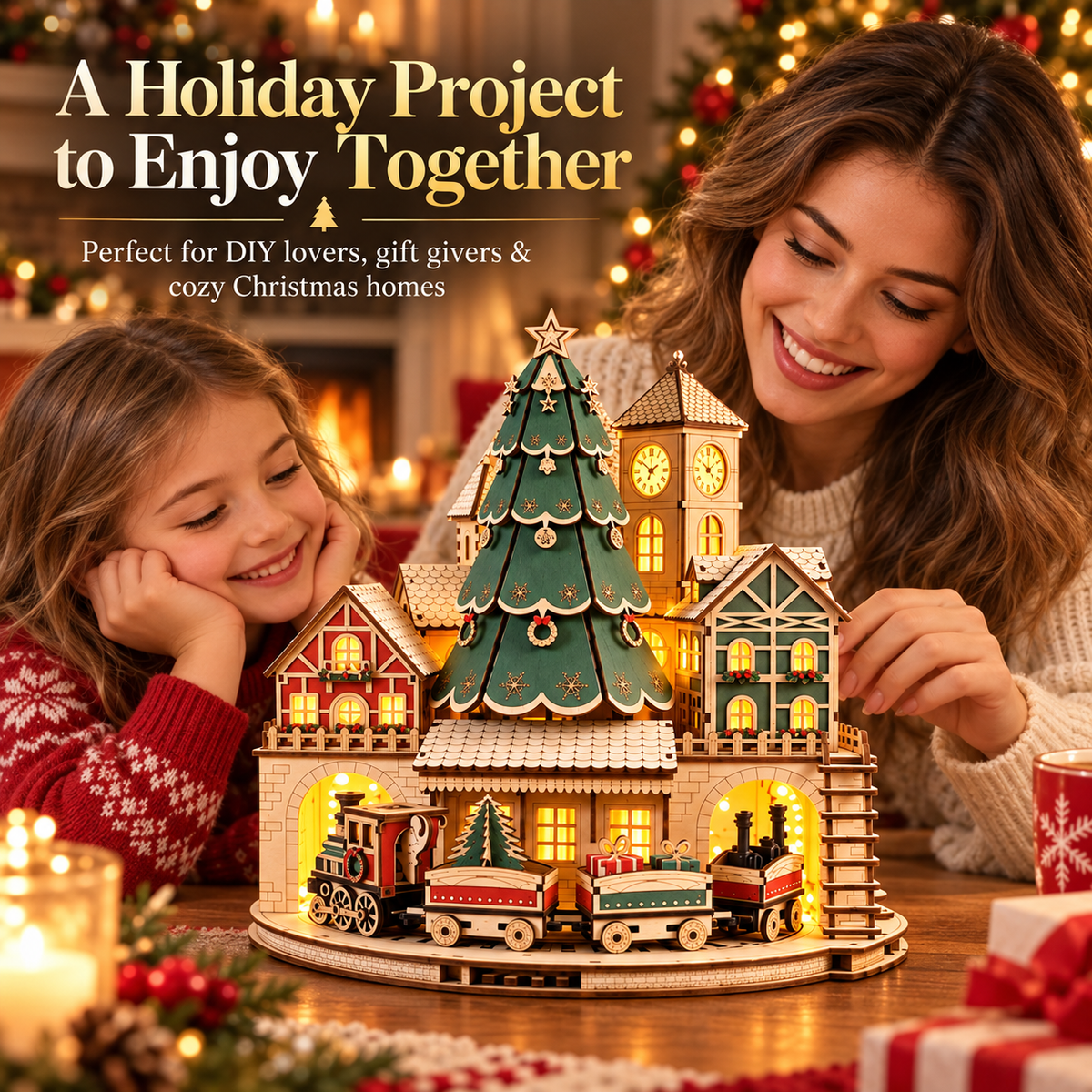 Mother and daughter enjoying the Christmas wooden puzzle village together
