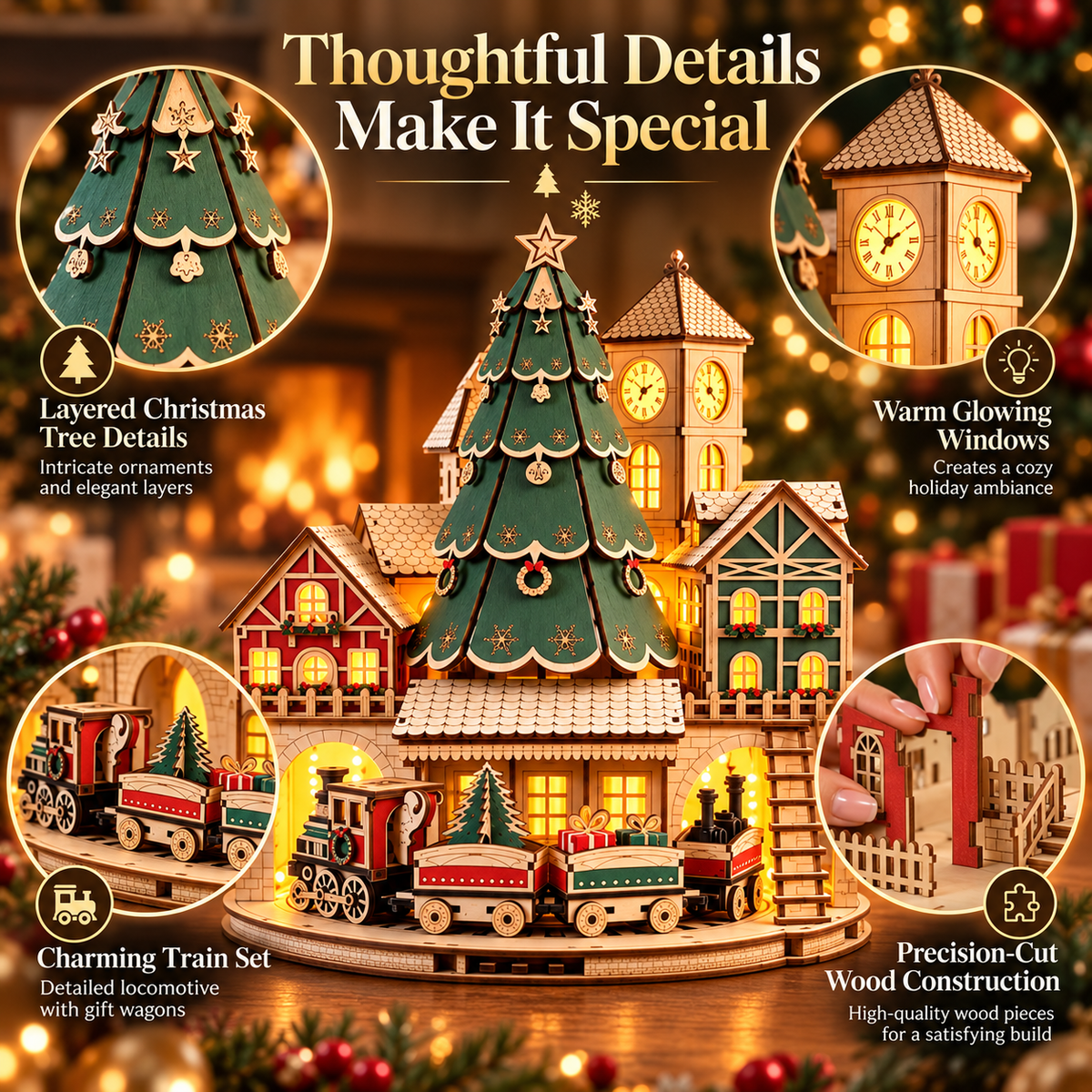 Close-up details of layered Christmas tree, illuminated clock tower, miniature train and wooden construction