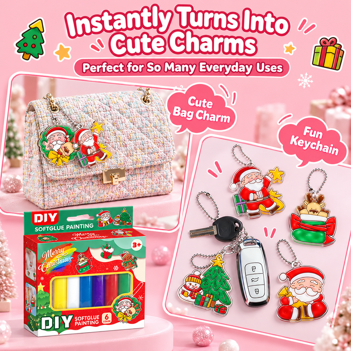 🎄❤️ Christmas DIY Charm Painting Kit – 6 Christmas Bag Charms & 6 Color Gels | Parent-Child Craft Activity🎁✨