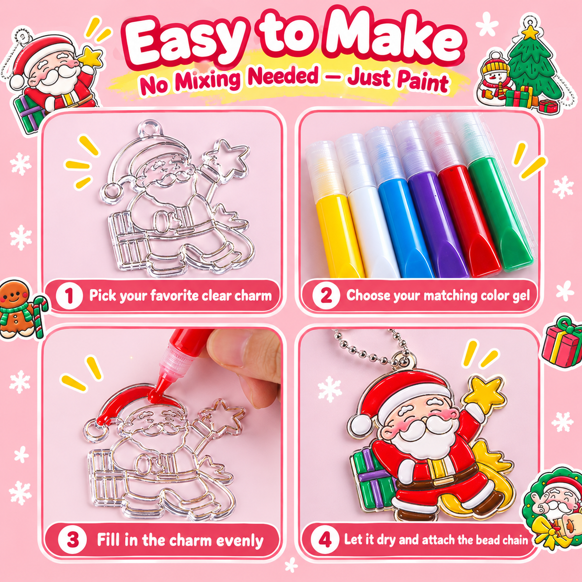 🎄❤️ Christmas DIY Charm Painting Kit – 6 Christmas Bag Charms & 6 Color Gels | Parent-Child Craft Activity🎁✨