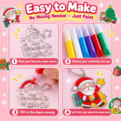 🎄❤️ Christmas DIY Charm Painting Kit – 6 Christmas Bag Charms & 6 Color Gels | Parent-Child Craft Activity🎁✨