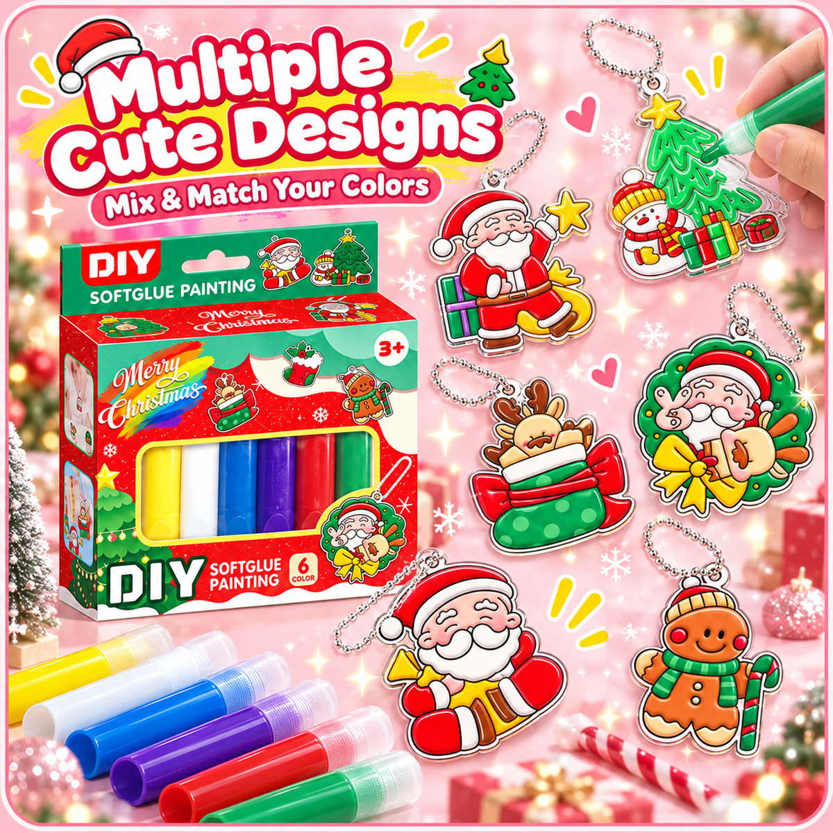 🎄❤️ Christmas DIY Charm Painting Kit – 6 Christmas Bag Charms & 6 Color Gels | Parent-Child Craft Activity🎁✨