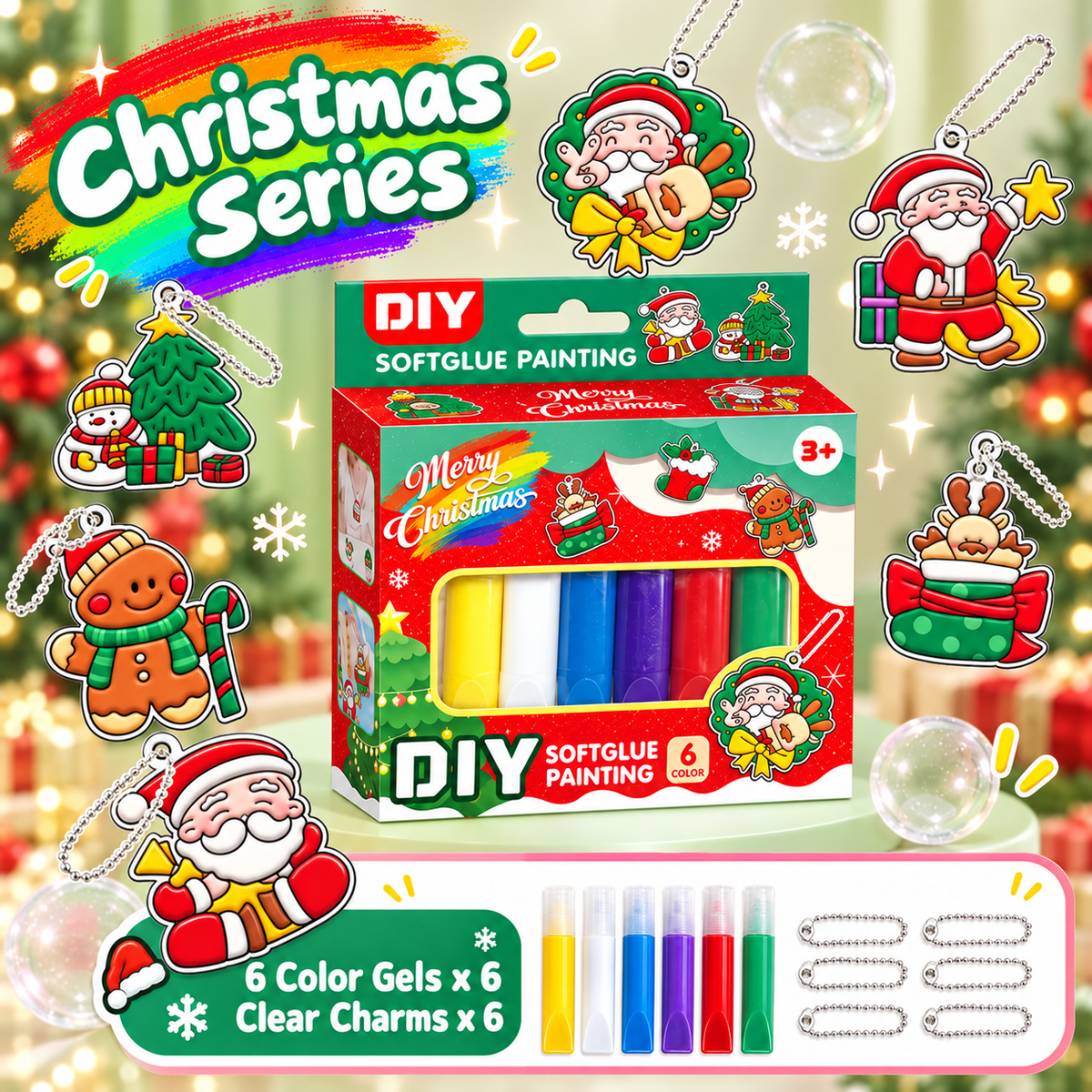 🎄❤️ Christmas DIY Charm Painting Kit – 6 Christmas Bag Charms & 6 Color Gels | Parent-Child Craft Activity🎁✨