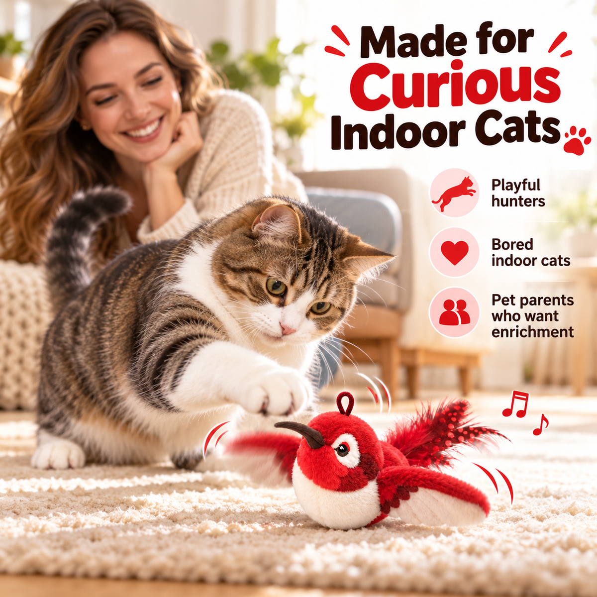 Indoor cat owner watching cat play with bird toy