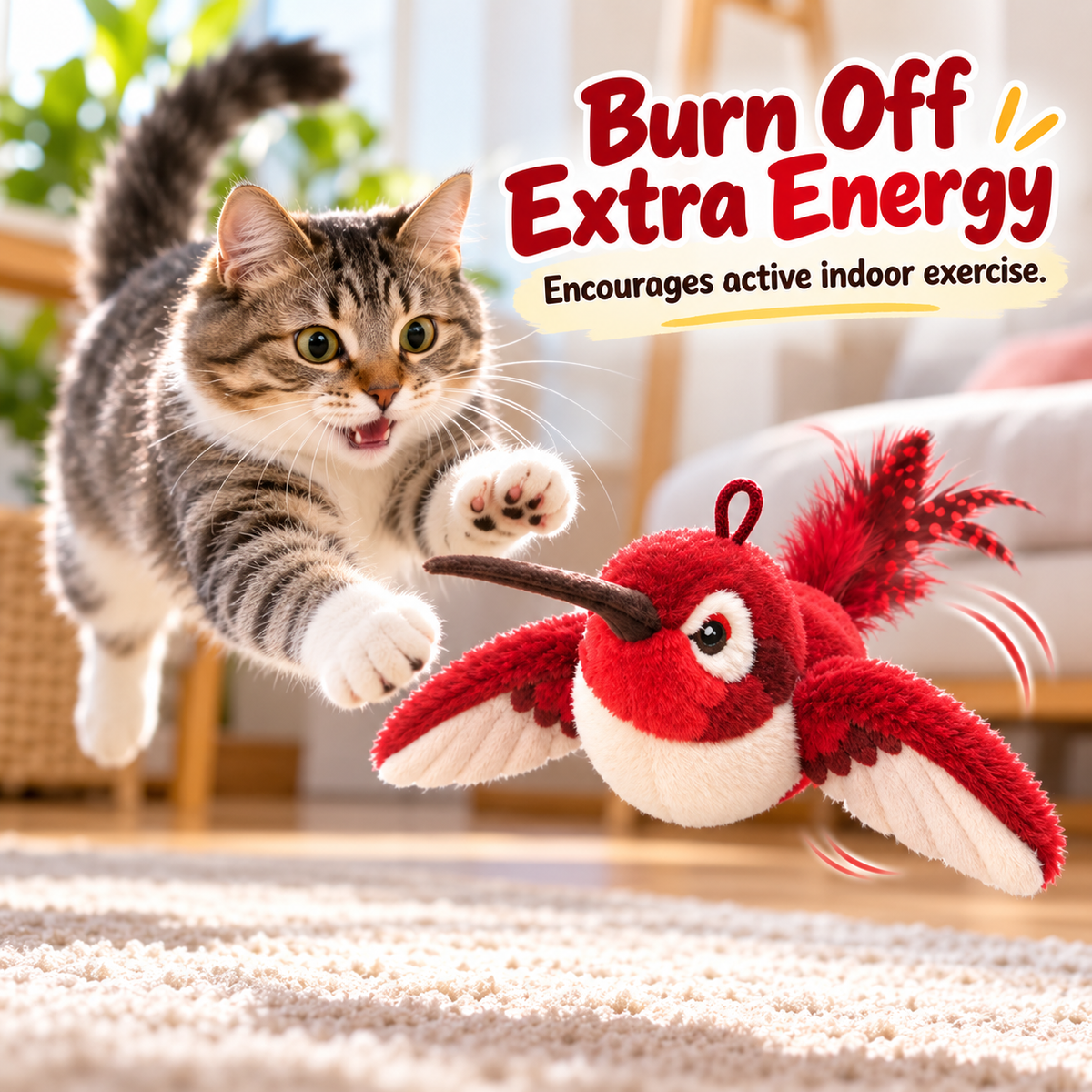 Cat jumping toward flapping bird toy