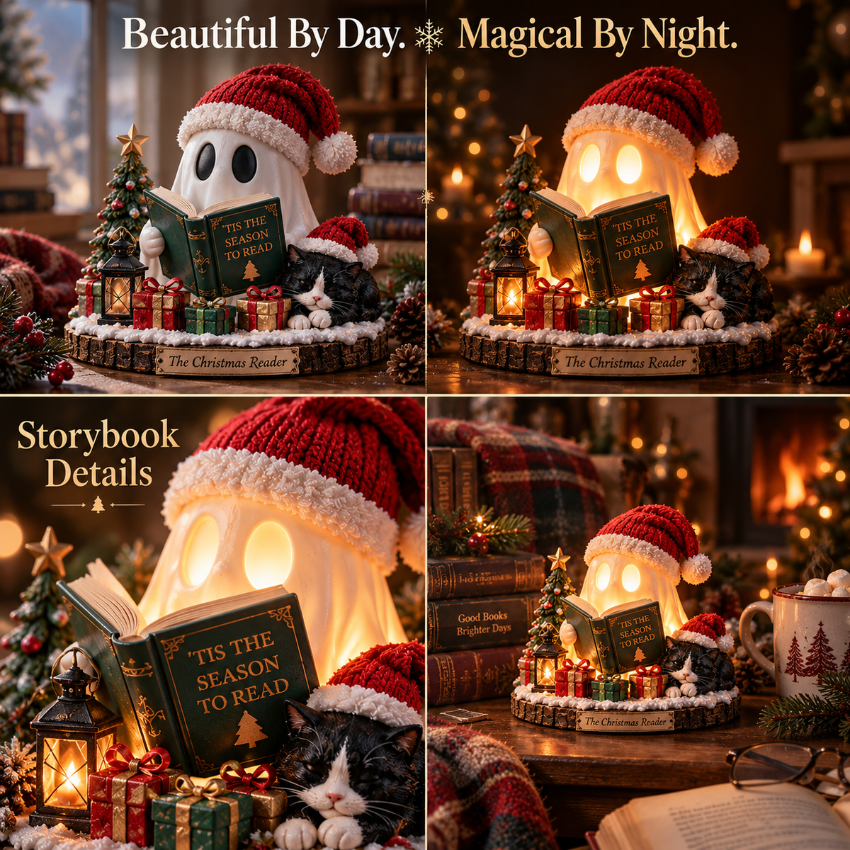 🎄 The Christmas Reader™ – Light-Up Ghost & Cat Reading Figurine