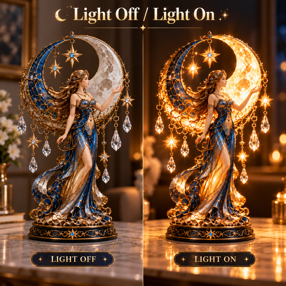 Moon Goddess lamp light off and on comparison