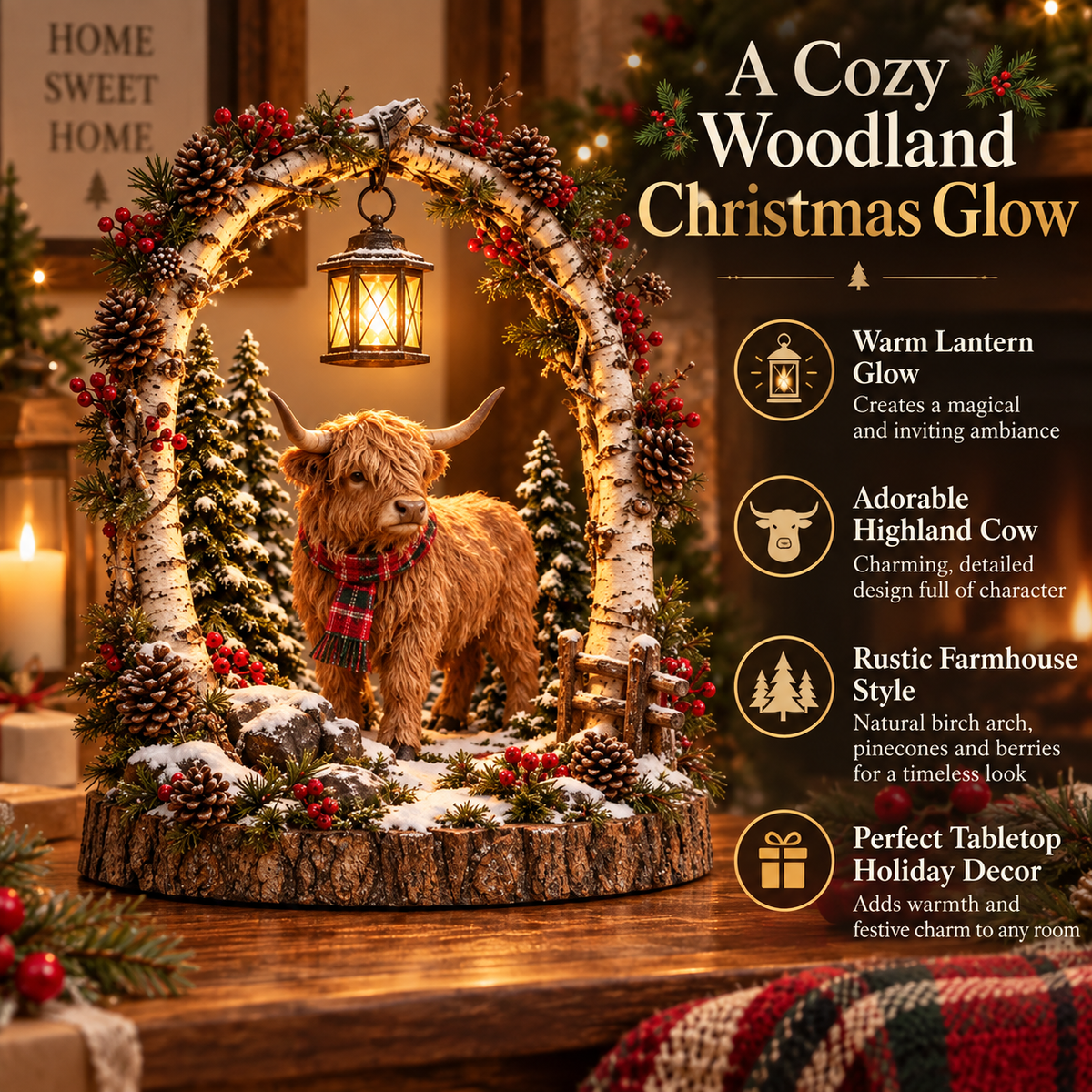 Highland Christmas cow lantern beside tree and gifts