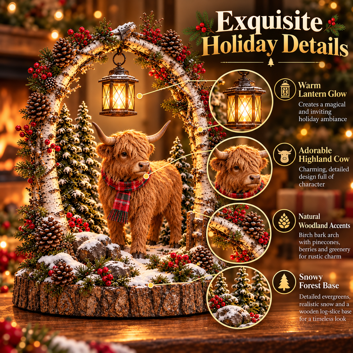Highland cow lantern glowing warmly at Christmas