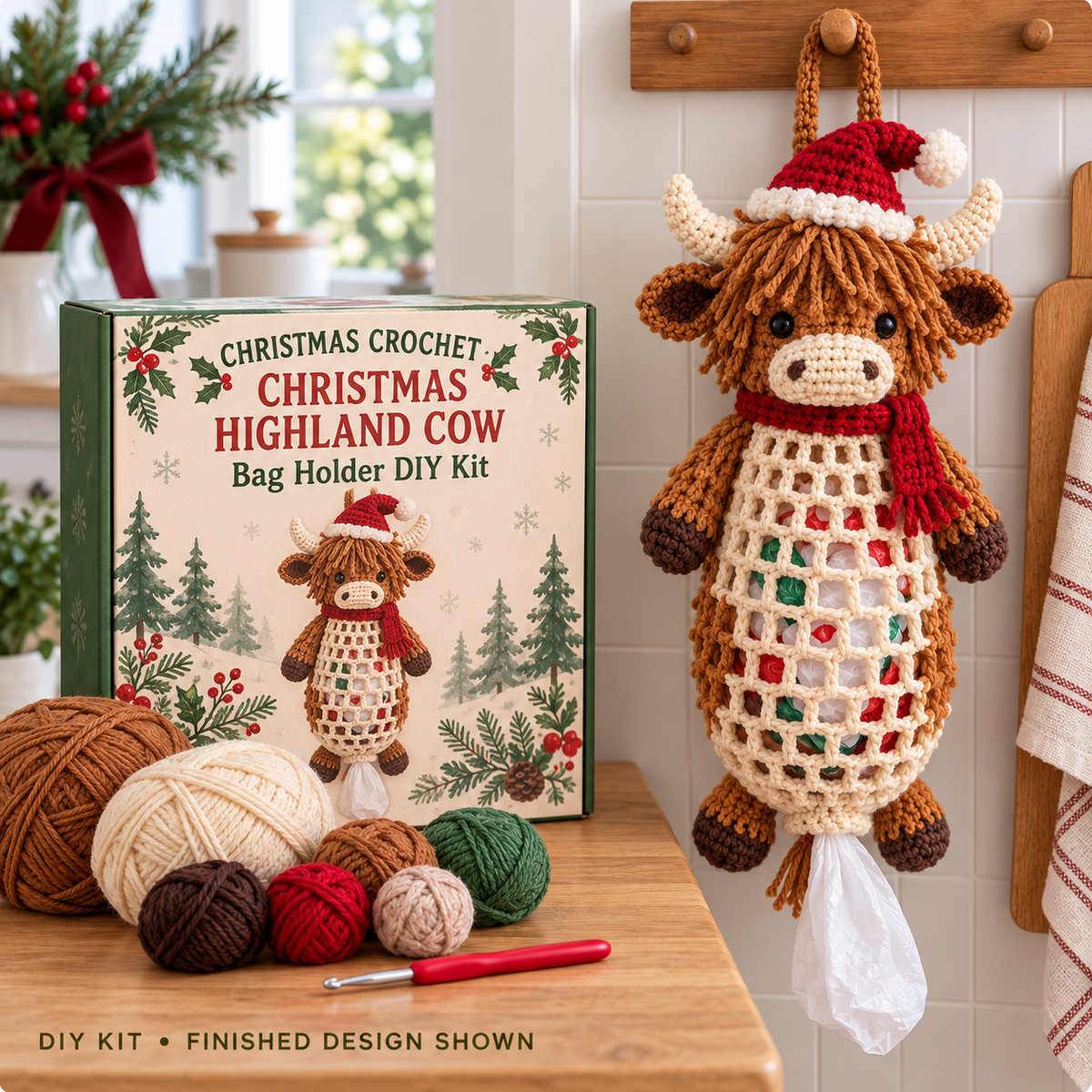 🎄 Christmas Crochet Bag Holder DIY Kit – Festive Hanging Grocery Bag Organizer & Holiday Craft Gift