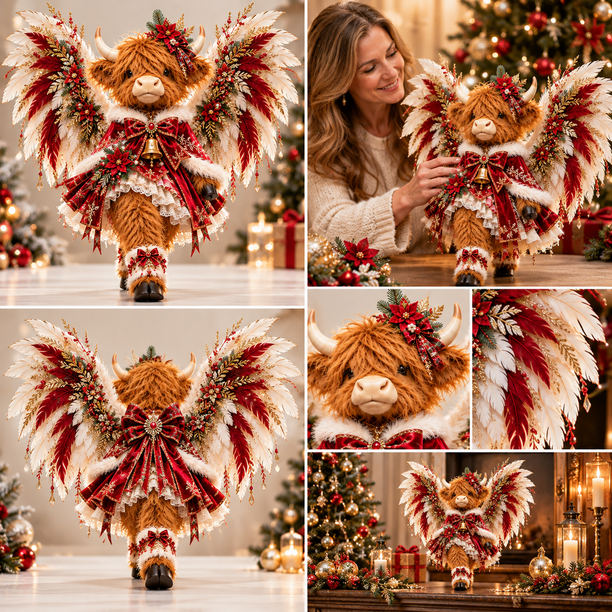 🎄🐮✨ Christmas Couture Highland Cow™ – Angel-Winged Highland Cow Figurine with Festive Red & Gold Outfit 🪽❤️ | Whimsical Christmas Home Decor & Gift 🎁