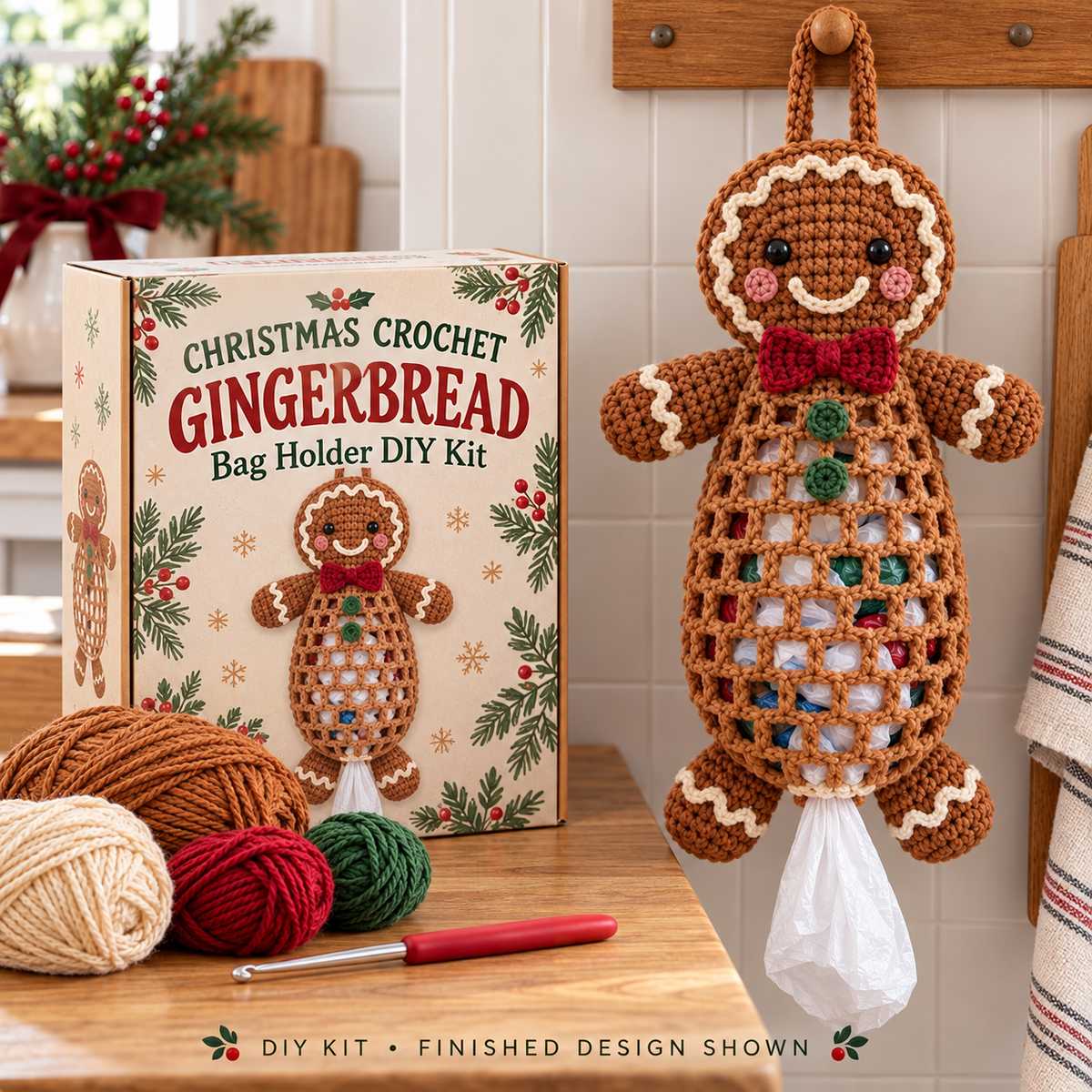 🎄 Christmas Crochet Bag Holder DIY Kit – Festive Hanging Grocery Bag Organizer & Holiday Craft Gift