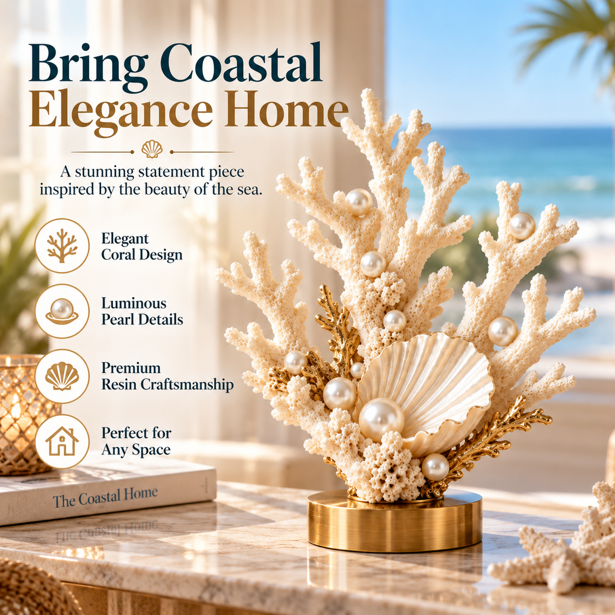 🐚 Pearl Tide Coral™ – Elegant Coastal Coral, Pearl & Shell Table Decor