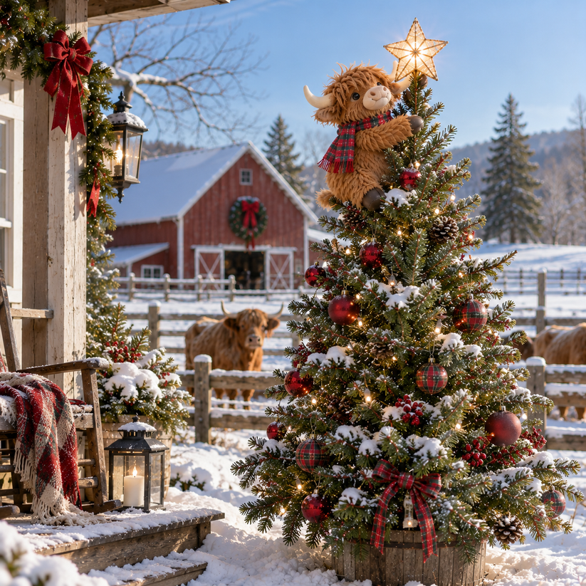 Highland cow Christmas tree topper in a snowy farmhouse setting