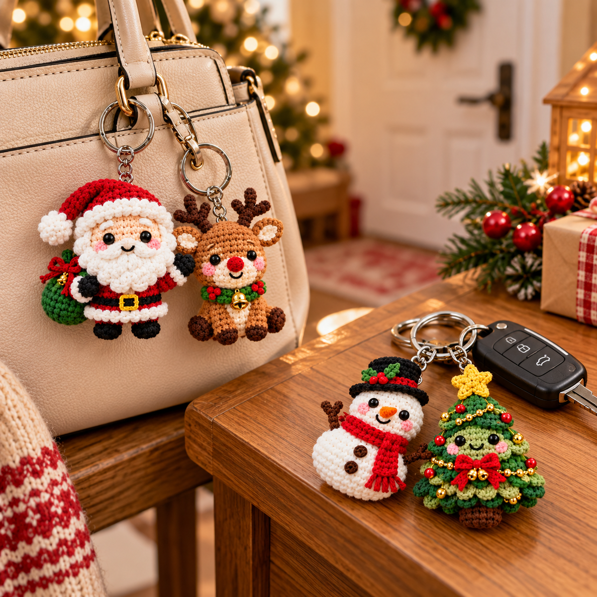 Christmas crochet keychains attached to a handbag and car keys