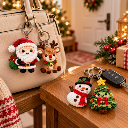 🎄 Christmas Crochet Keychains—Santa Claus, Reindeer, Snowman, and Christmas Tree | Adorable Festive Bag Charms and Stocking Stuffers