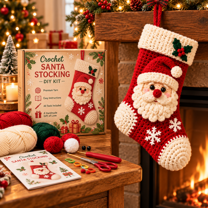🎅🎄 Cozy Santa Crochet Christmas Stocking™ – Adorable 3D Santa Hanging Decor for Mantels & Holiday Homes