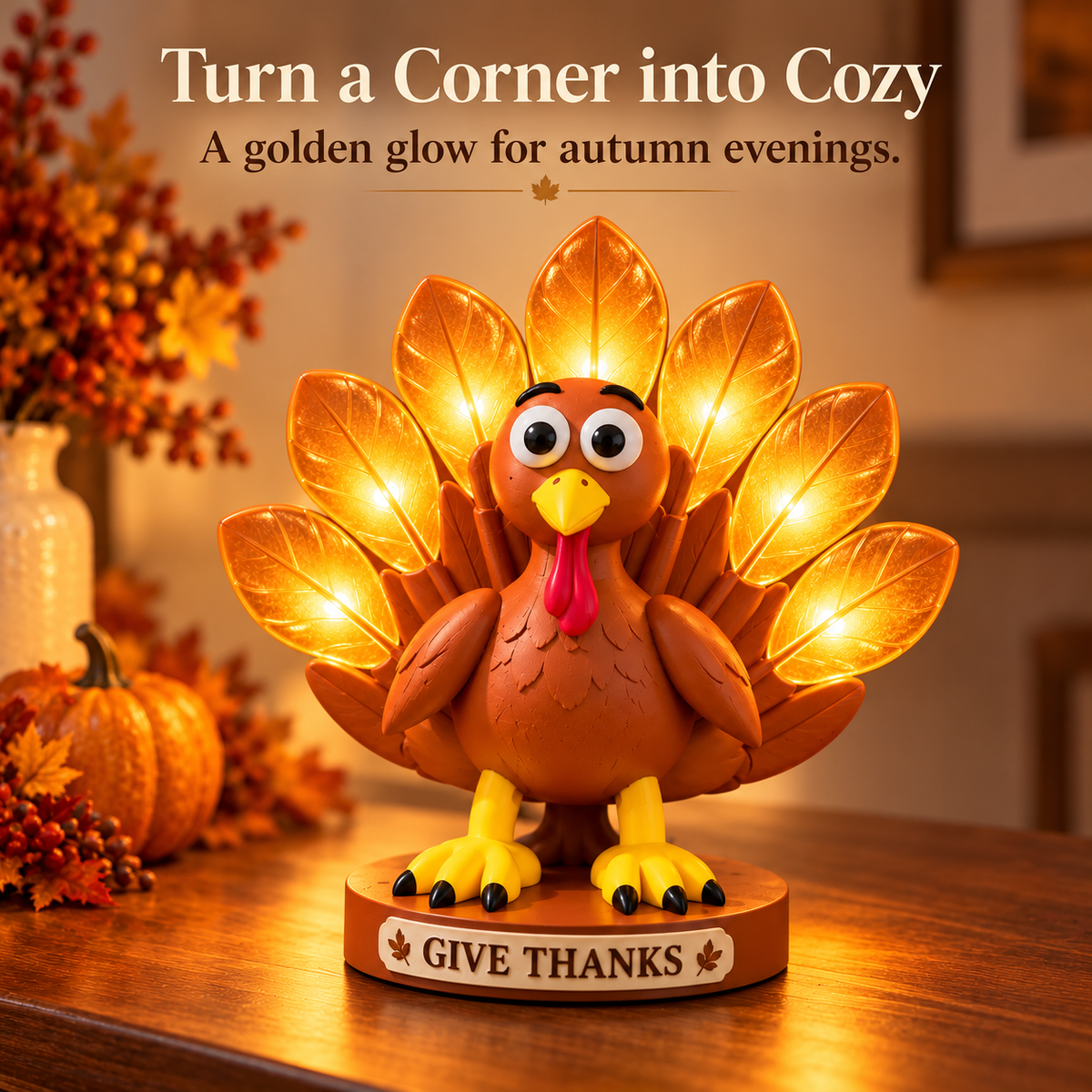 🦃 Give Thanks Turkey Lamp – Glowing Feather Table Light for Cozy Fall & Thanksgiving Decor