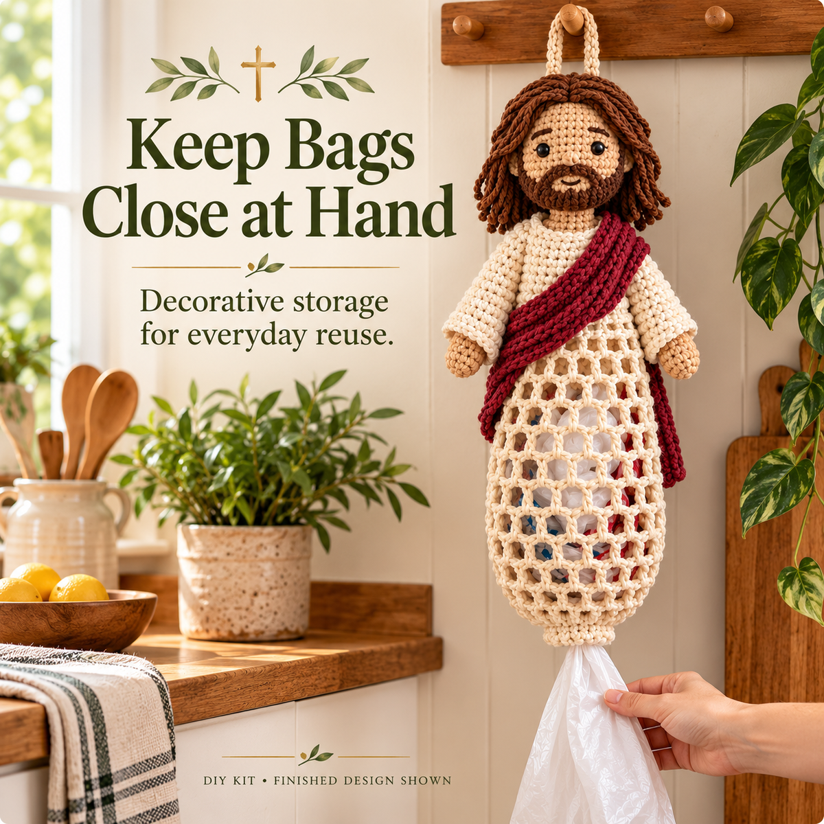 ✝️ Faith & Grace™ Christian Crochet Bag Holder DIY Kit – Hanging Grocery Bag Organizer & Meaningful Craft Gift