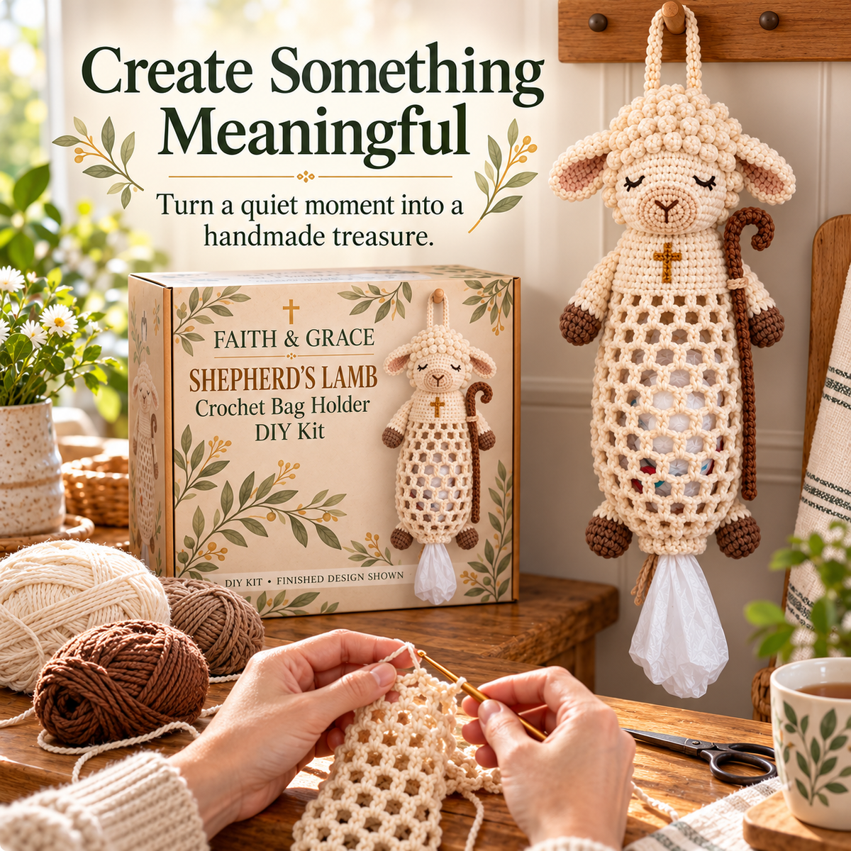 ✝️ Faith & Grace™ Christian Crochet Bag Holder DIY Kit – Hanging Grocery Bag Organizer & Meaningful Craft Gift
