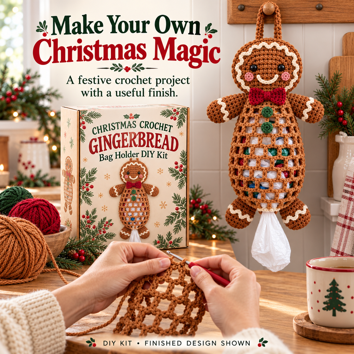 🎄 Christmas Crochet Bag Holder DIY Kit – Festive Hanging Grocery Bag Organizer & Holiday Craft Gift