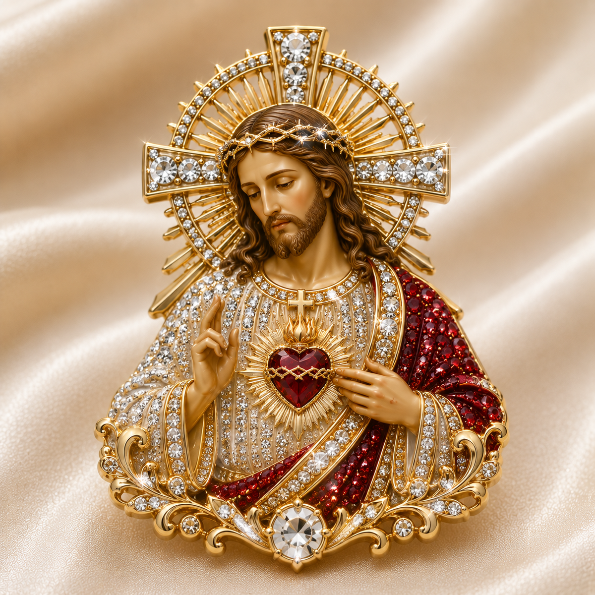 Sacred Heart of Jesus Gold Tone Crystal Christian Brooch