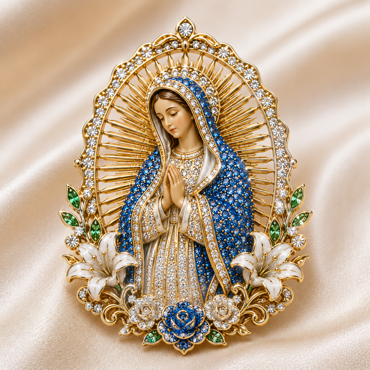 Our Lady of Guadalupe Gold Tone Crystal Christian Brooch