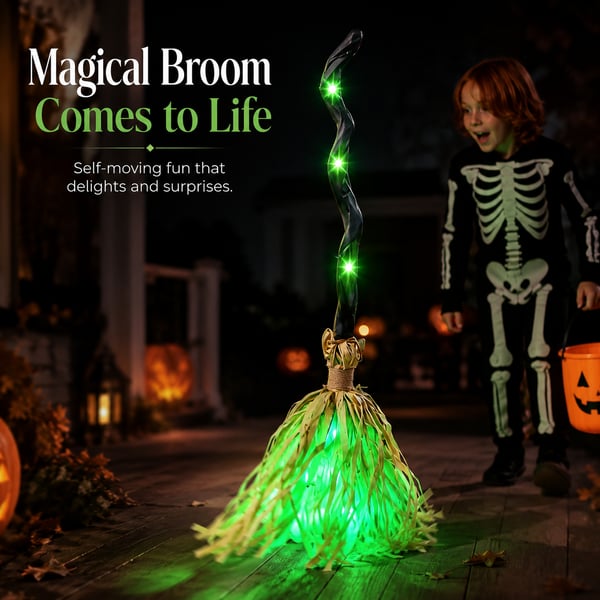 Animated Moving Witch Broom surprising child on Halloween