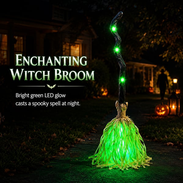 Green LED illuminated enchanted witch broom at night
