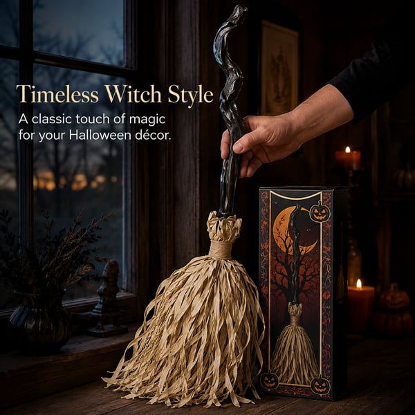 Vintage twisted witch broom with Halloween packaging
