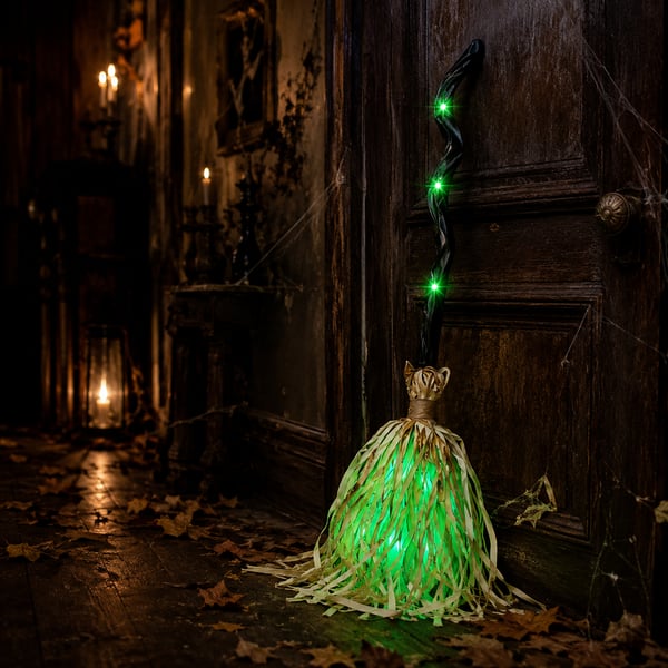Glowing witch broom in haunted hallway