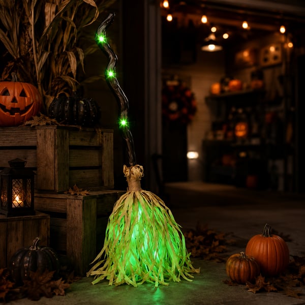 Moving Witch Broom Halloween porch display
