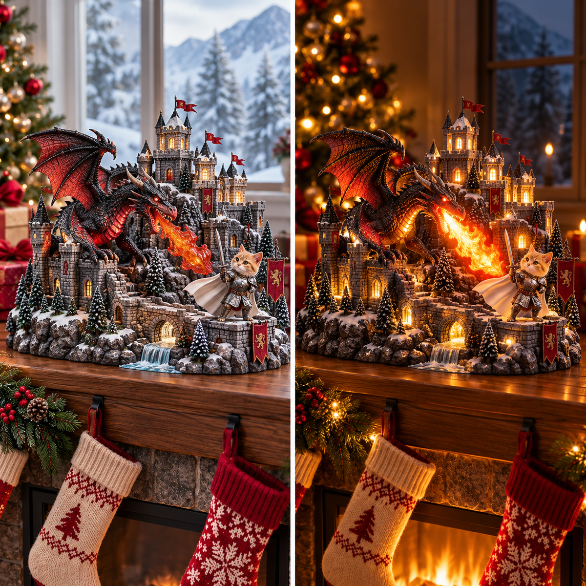 Daytime and nighttime comparison of the illuminated dragon village
