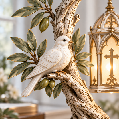 Promise of Peace™ – Lighted Olive Tree with White Dove & Hanging Cross Lantern | Christian Faith Home Decor 🕊️✨